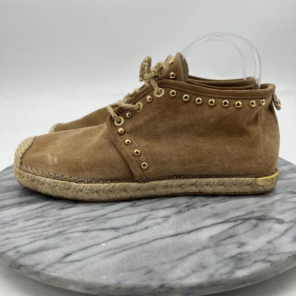 Stuart Weitzman Womens 7.5 Tan Suede Studded Espadrille Booties Shoe Jute Lace - Picture 4 of 12